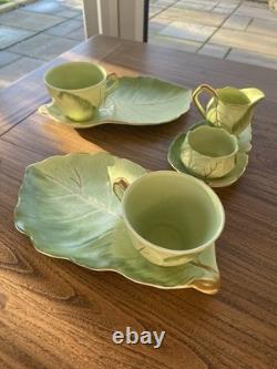 Royal Winton Grimwades Leaf Green Gold Tennis Set x2 Cup Saucer Cream Sugar Bowl