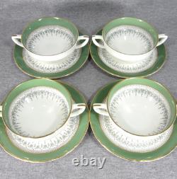 Royal Worcester Green/Gold Regency Cream Soup/Bouillon Cups & Saucers