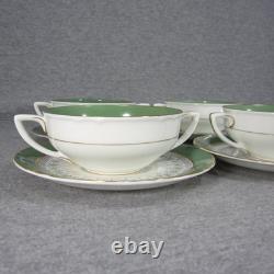 Royal Worcester Green/Gold Regency Cream Soup/Bouillon Cups & Saucers