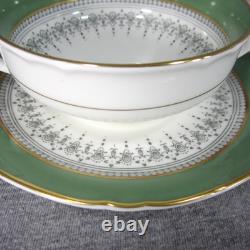 Royal Worcester Green/Gold Regency Cream Soup/Bouillon Cups & Saucers