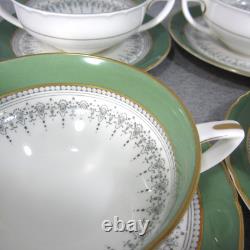 Royal Worcester Green/Gold Regency Cream Soup/Bouillon Cups & Saucers