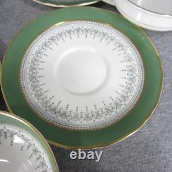 Royal Worcester Green/Gold Regency Cream Soup/Bouillon Cups & Saucers