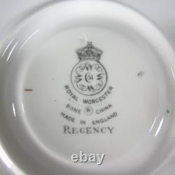 Royal Worcester Green/Gold Regency Cream Soup/Bouillon Cups & Saucers