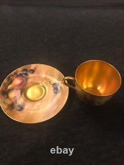 Royal Worcester Hand Painted Cup & Saucer Fruit Gold Signed R. Rushton 1920s