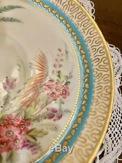 Royal Worcester Raised Gold Turquoise Flower HP Tea Cup Saucer