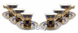 Royalty Porcelain 12-pc Blue Tea Set, Service for 6, Medusa Greek Key, 24K Gold