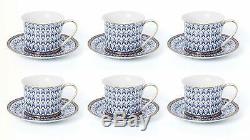 Royalty Porcelain 12-pc Luxury Cobalt Net Tea or Coffee Cup Set, 24K Gold
