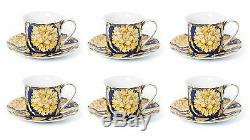 Royalty Porcelain 12-pc Luxury Floral Blue Tea or Coffee Cup Set, 24K Gold