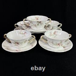 SET 5 Haviland Limoges Pink Flowers Gold Bouillon Soup Cup Double Handles