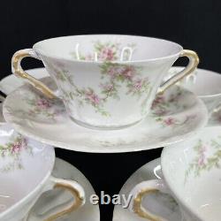 SET 5 Haviland Limoges Pink Flowers Gold Bouillon Soup Cup Double Handles