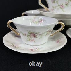 SET 5 Haviland Limoges Pink Flowers Gold Bouillon Soup Cup Double Handles