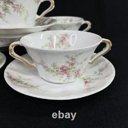 SET 5 Haviland Limoges Pink Flowers Gold Bouillon Soup Cup Double Handles