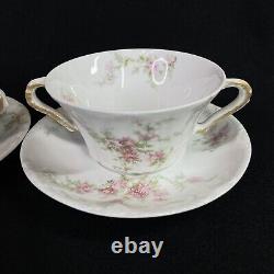 SET 5 Haviland Limoges Pink Flowers Gold Bouillon Soup Cup Double Handles