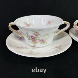 SET 5 Haviland Limoges Pink Flowers Gold Bouillon Soup Cup Double Handles