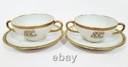 SET of 12 Antique Gilt Gold White Porcelain CUPS & SAUCERS by LIMOGES Demi Plate