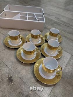 SIX NIB Vintage GNA Fine Porcelain Demitasse Cups & Saucers White/Gold Border
