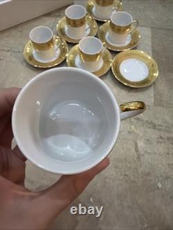 SIX NIB Vintage GNA Fine Porcelain Demitasse Cups & Saucers White/Gold Border