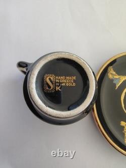 SK Handmade In Greece Gold 24k Turkish Coffee Cups & Saucers LOT OF 6