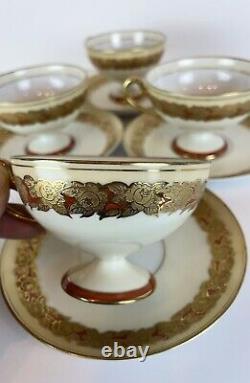 STUNNING Noritake Moriage 1930's Gold Rose Orange Set of 4 Teacups Cups Saucers
