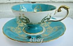 STUNNING Turquoise And Gold Aynsley Pedestal Tea Cup Saucer Signed J A Bailey