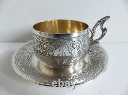 SUPERB ANTIQUE FRENCH STERLING SILVER 950 GILDED CUP & SAUCER 1890's