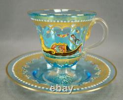 Salviati Italian Enamelled Gondola Scene Floral & Gold Blue Glass Cup & Saucer A
