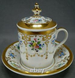 Schumann Berlin German Floral & Gold Garlands Covered Cup & Saucer C. 1851-1869