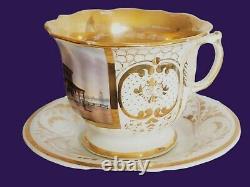 Schumann porcelain Topographical Alster Pavillion Gold Gilt Tea Cup Saucer