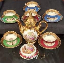 Seltmann Bavaria Set Of 6 Espresso Cup Saucers, Golden Rinbow, Matched Pot
