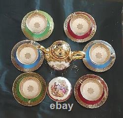 Seltmann Bavaria Set Of 6 Espresso Cup Saucers, Golden Rinbow, Matched Pot