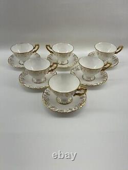 Set 12 Royal Crown Derby Vine Gold Cream Footed 6 Teacups 6 Saucers