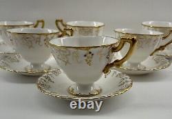 Set 12 Royal Crown Derby Vine Gold Cream Footed 6 Teacups 6 Saucers