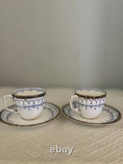 Set/2 ROYAL CROWN DERBY Blue White Gold Demitasse Tea Cups & Saucers