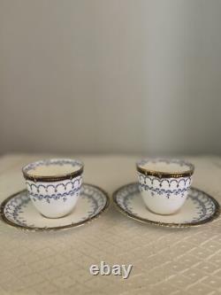 Set/2 ROYAL CROWN DERBY Blue White Gold Demitasse Tea Cups & Saucers