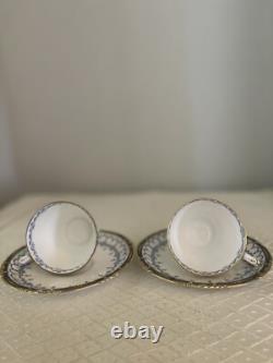 Set/2 ROYAL CROWN DERBY Blue White Gold Demitasse Tea Cups & Saucers