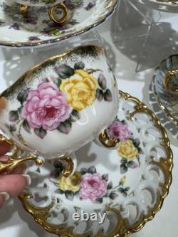 Set 4 Vintage Japan Tea Cups & Saucers Floral Gold 1 Royal Sealy Marked