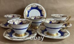 Set 5 Vintage Rosenthal Kronach Bavaria Goldrose Cups & Saucers Cobalt & Gold