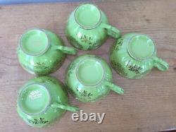 Set 5 Vtg Italian Richard Ginori Porcelain Green Gold Metallic Tea Cups Saucers