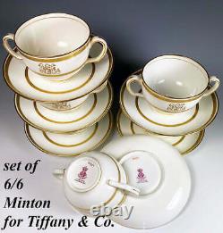 Set 6/6 Antique 2-Handle Cups, Saucers, Minton for Tiffany & Co, Gold Encrusted