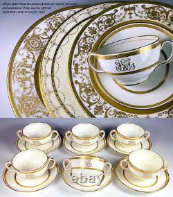 Set 6/6 Antique 2-Handle Cups, Saucers, Minton for Tiffany & Co, Gold Encrusted