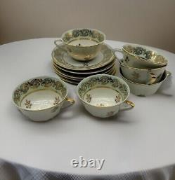 Set 6 Limoges Porcelain Gold/ Green Tea Cups & Saucers, Art Deco Form
