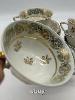 Set 6 Limoges Porcelain Gold/ Green Tea Cups & Saucers, Art Deco Form