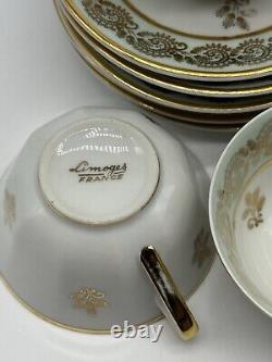 Set 6 Limoges Porcelain Gold/ Green Tea Cups & Saucers, Art Deco Form