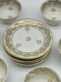 Set 6 Limoges Porcelain Gold/ Green Tea Cups & Saucers, Art Deco Form