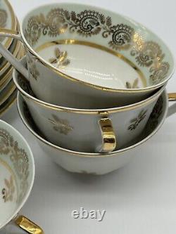 Set 6 Limoges Porcelain Gold/ Green Tea Cups & Saucers, Art Deco Form