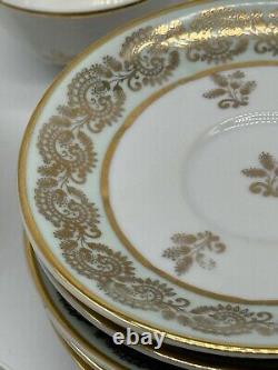 Set 6 Limoges Porcelain Gold/ Green Tea Cups & Saucers, Art Deco Form