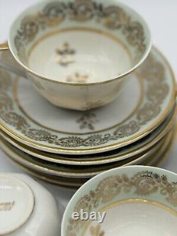 Set 6 Limoges Porcelain Gold/ Green Tea Cups & Saucers, Art Deco Form