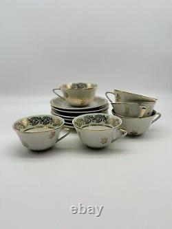 Set 6 Limoges Porcelain Gold/ Green Tea Cups & Saucers, Art Deco Form