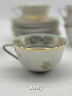 Set 6 Limoges Porcelain Gold/ Green Tea Cups & Saucers, Art Deco Form