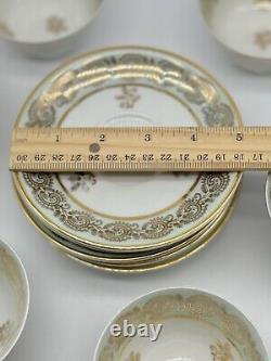 Set 6 Limoges Porcelain Gold/ Green Tea Cups & Saucers, Art Deco Form